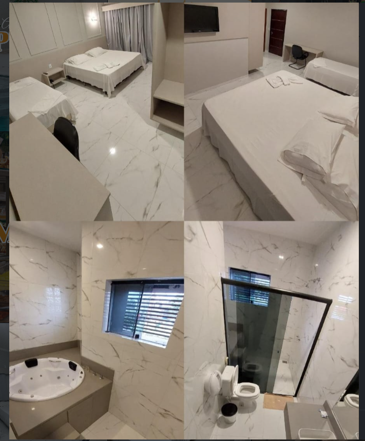 Quarto com cama de casal, camas auxiliares e banheiro com acabamento claro